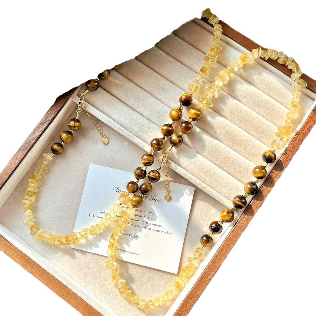 High Matching Retro High Quality Maillard Natural Tiger'S Eye Stone Citrine Collarbone Chain Necklace