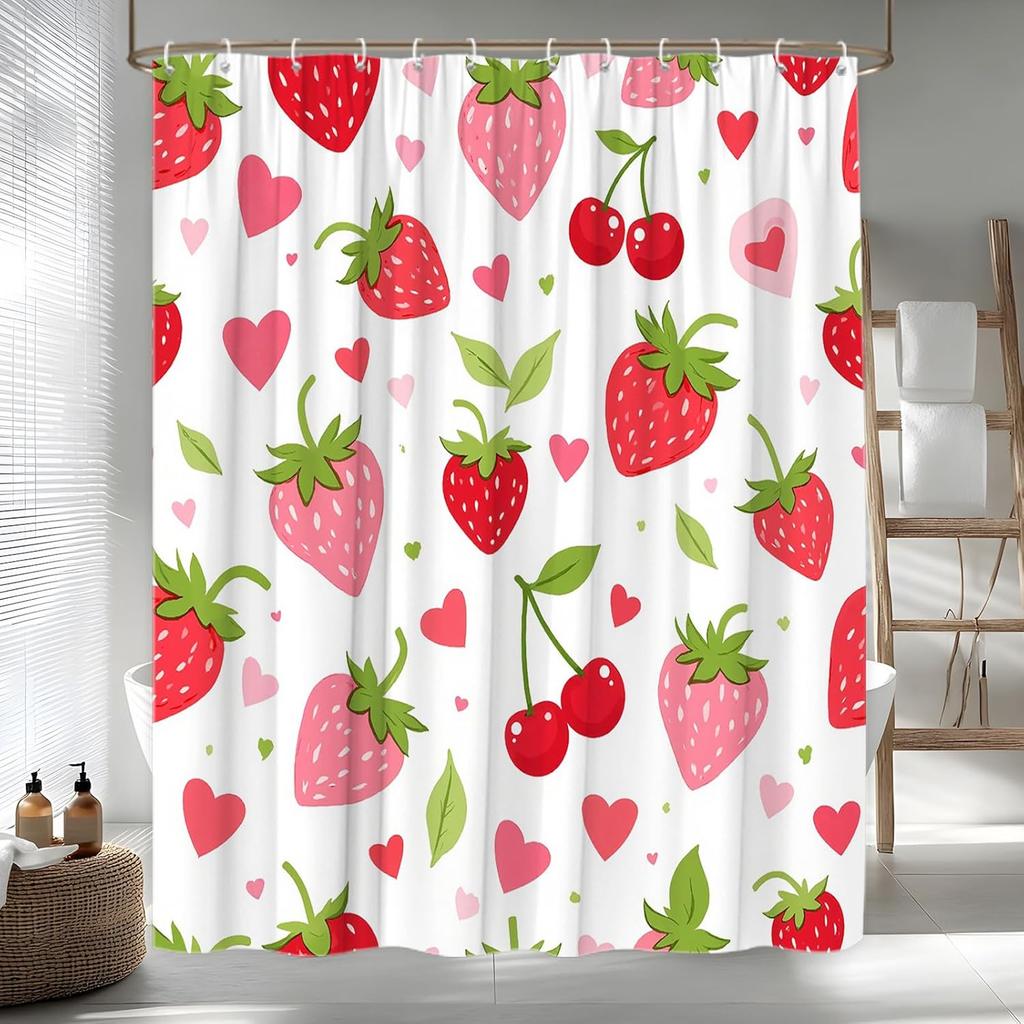 Strawberry Cherry Shower Curtain Tropical Summer Fruit Pink Cute Sweet Fruits Funky Green Leaves Aesthetic Modern Fashion Girls