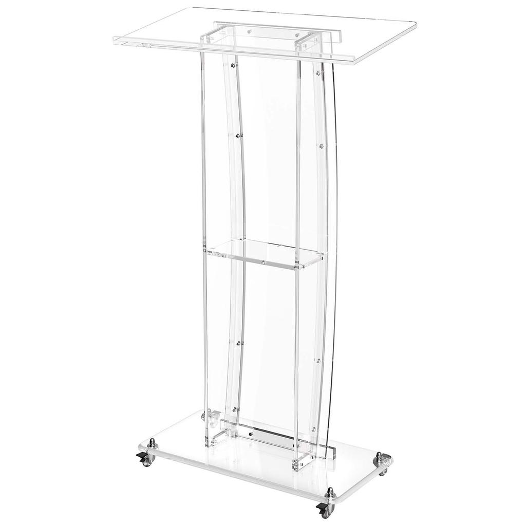 Podium Stand 120 cm Acrylic Lectern Mobile Laptop Desk Storage Shelf, for Schools, Churches and Events, Clear Portable Presentation Lectern Stand with
