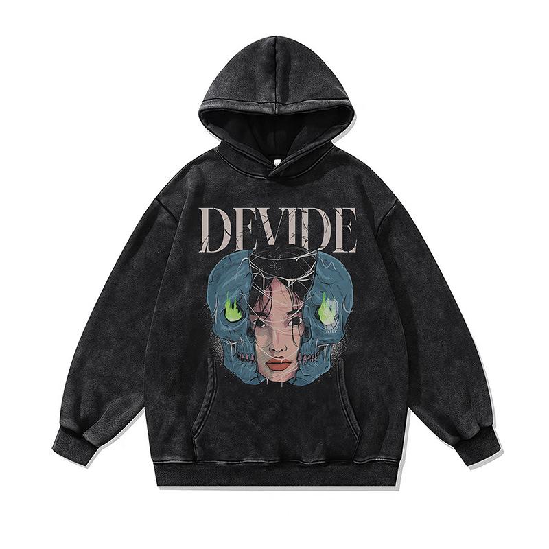 American High Street Retro Hooded Sweater Autumn And Winter Cartoon Digital Direct Injection Printing Washed Hoodie Men