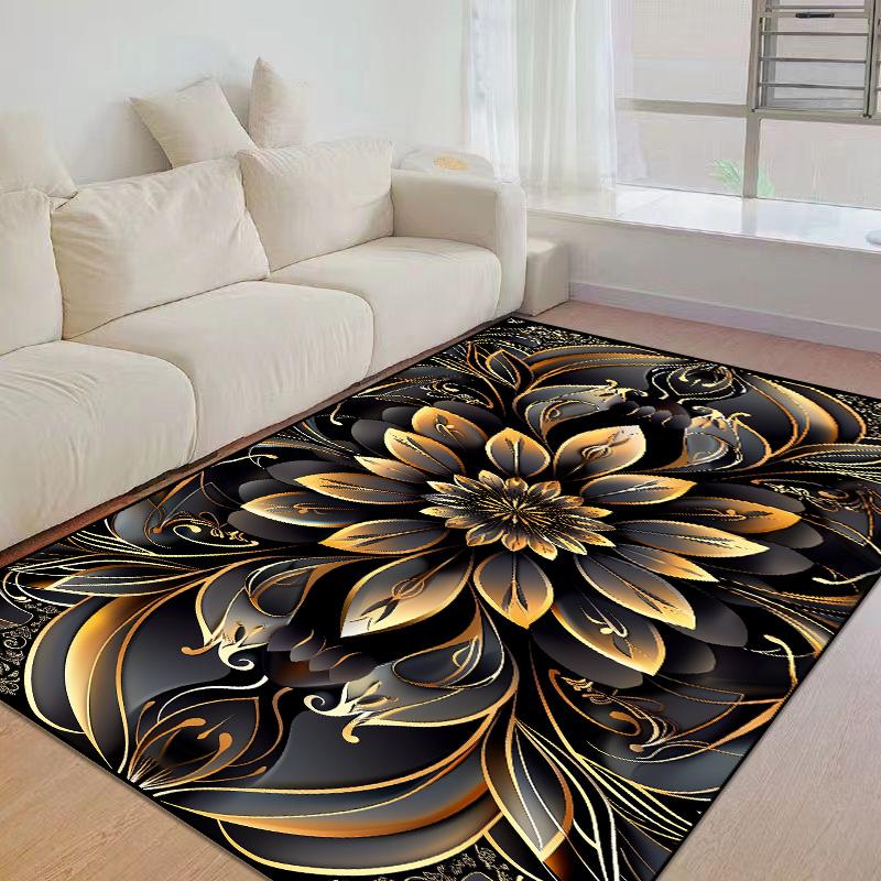 European Home Luxury Golden Flowers Living Room Decor Sofa Carpet Washable Rugs for Bedroom Black Gold Lounge Coffee Tables Mat