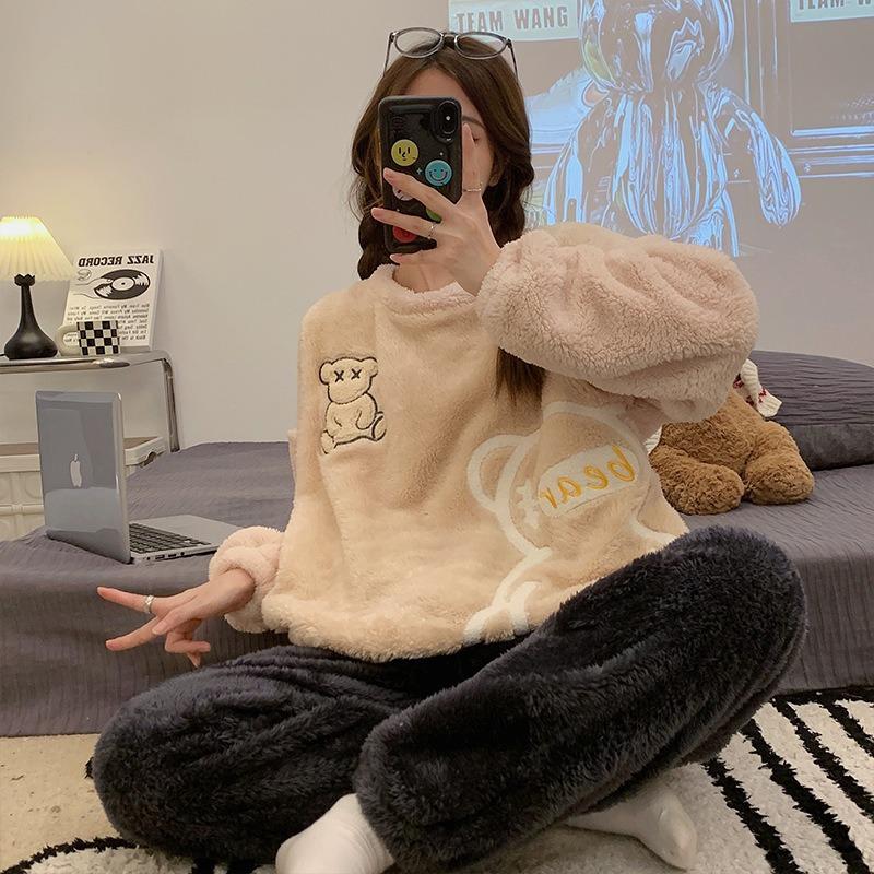 

Утепленная теплая фланелевая одежда для сна и дома на зиму, топы с круглым вырезом и брюки, ночная одежда, одежда для отдыха, пижама с мультяшным медведем для девочки L