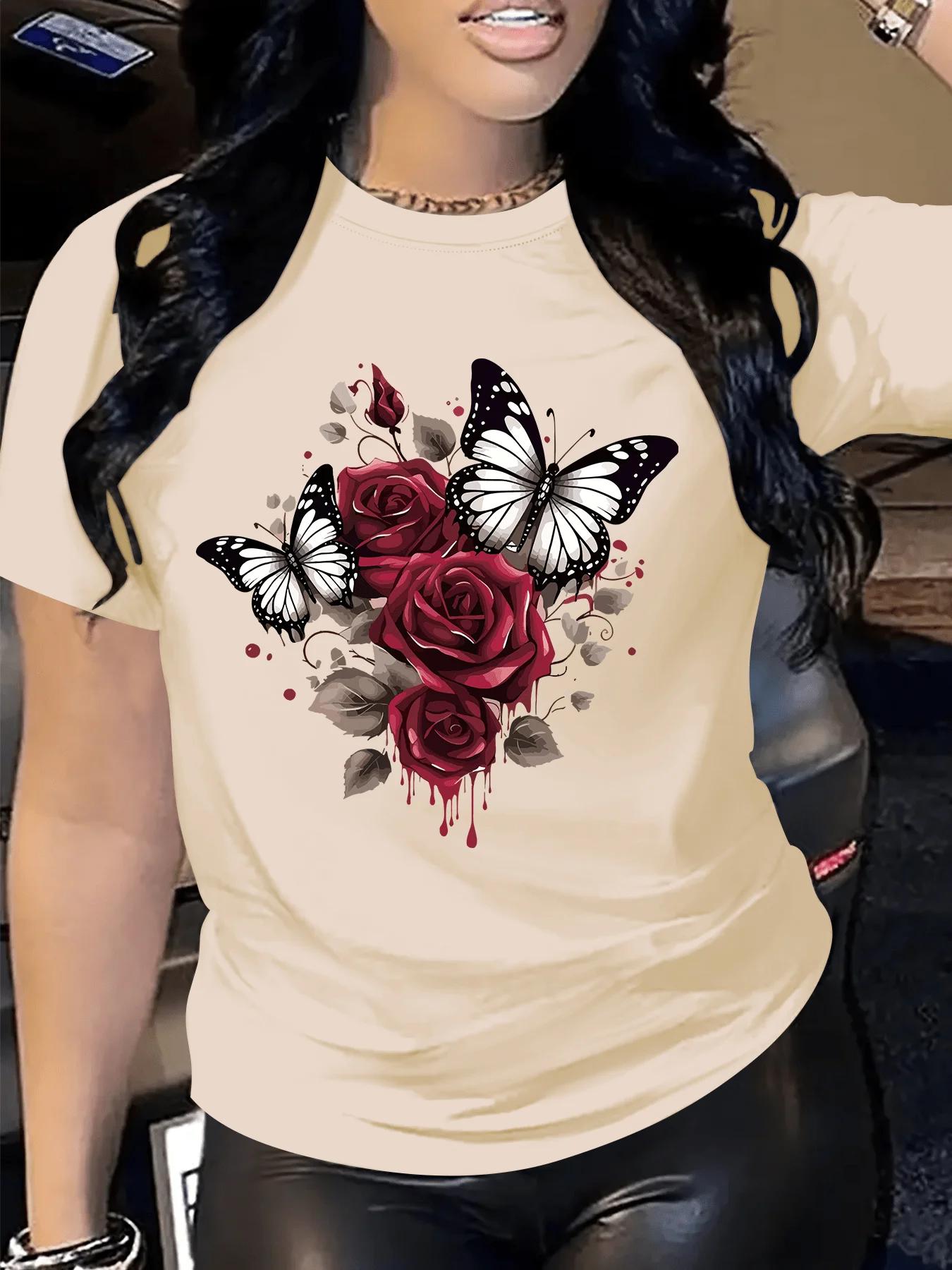 Design Round Neck Casual Season Comfort Valentine s Day Romantic Valentine s Day Women s Floral Print Red Roses & Butterflies S