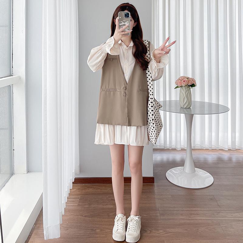 Maternity Apricot Dress & Khaki Vest Set - 2026 Spring Collection XXL