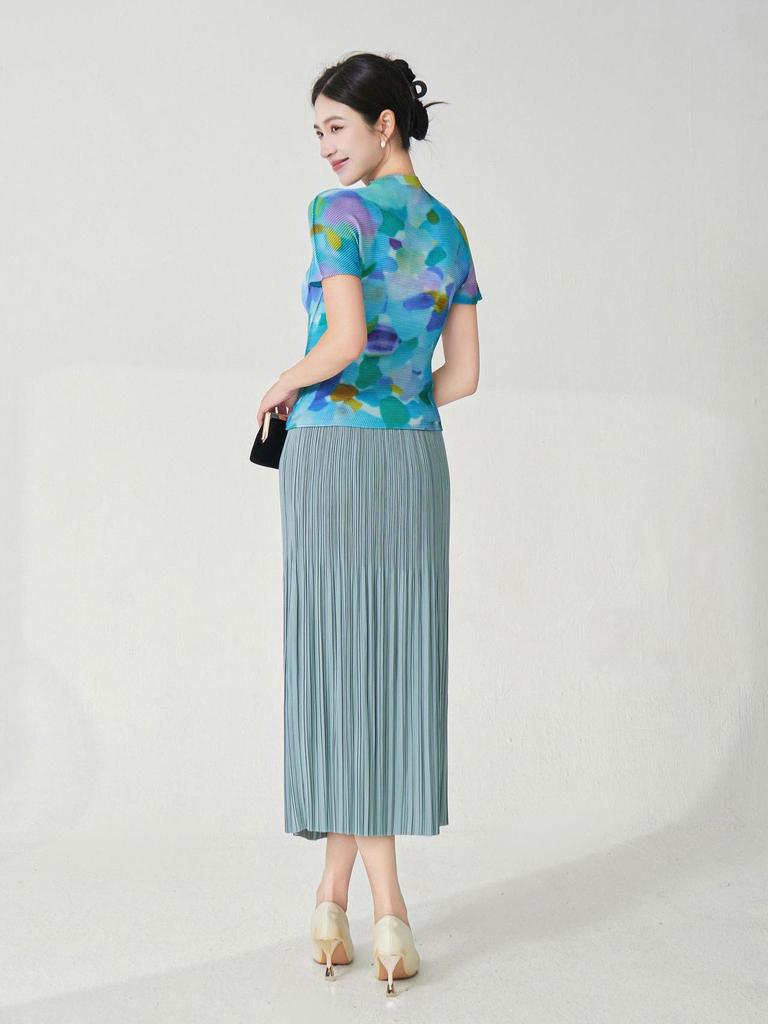 Miyake Stil Plissee Druck Slim Fit Kurzarm Damen Sommer T-Shirt