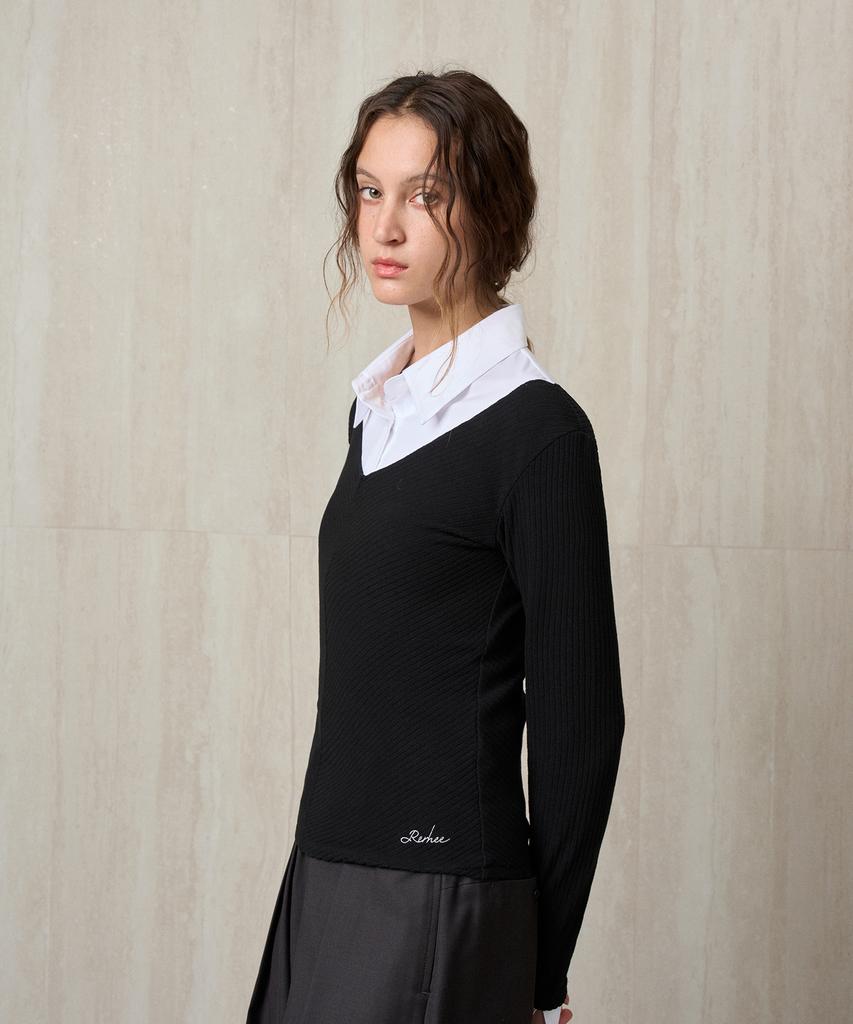 RE RHEE Shirt Collar Ribbed Knit Top Black