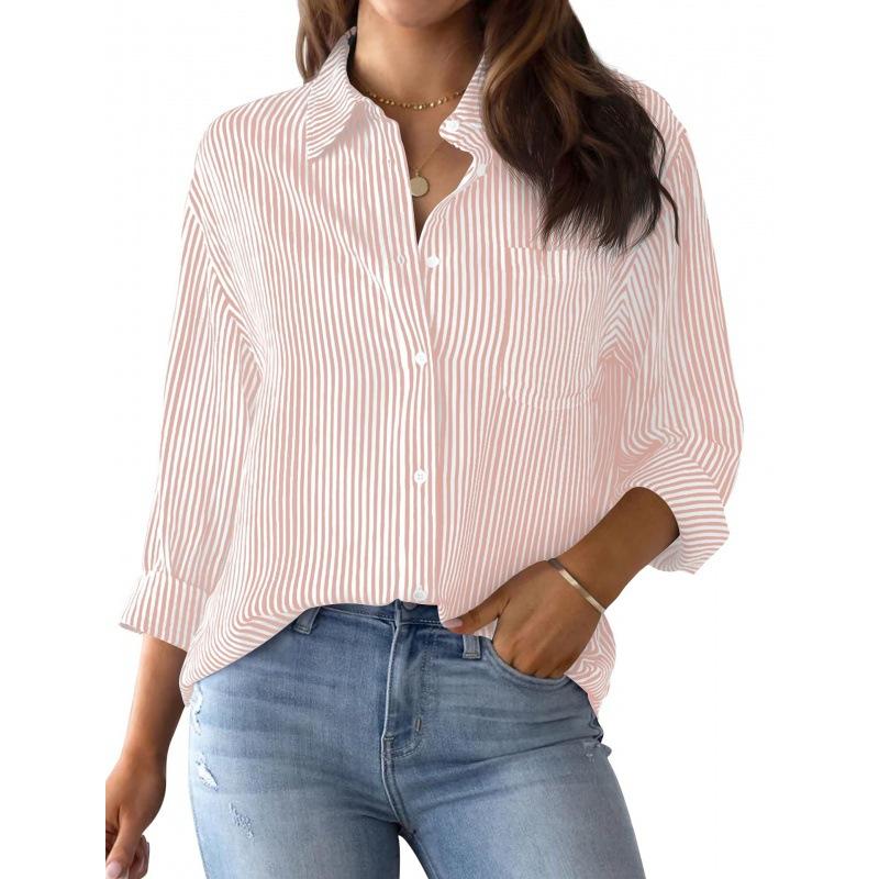 Women's Classic Striped Long Sleeve Button-Up Shirt with Pocket for Office Work Stylish Top Casual Businesswear