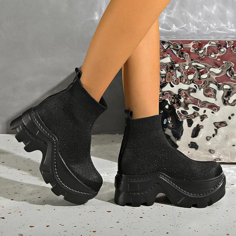 Black Chunky Platform Ankle Boots Women Fashion Crystals Knitted Short Booties Mujer Punk Goth Thick Sole Motorcycle Boots Woman