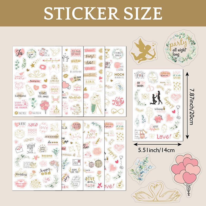 230pcs 8 Sheets Wedding Theme DIY Scrapbooking Stickers Transparent Decorations For Guestbook Handaccount Arts Crafts Stickers