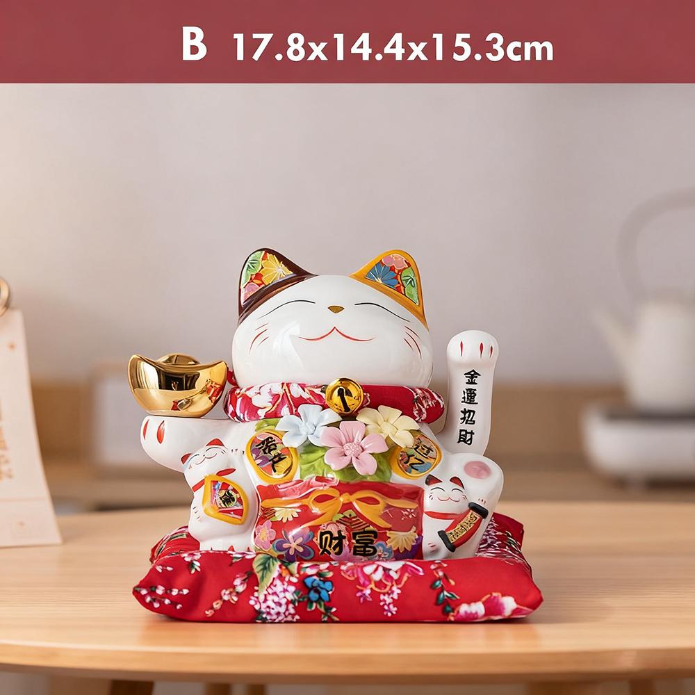 

7 Inch Ceramic Lucky Cat with Waving Arm Beckoning Cat Maneki Neko Statue Feng Shui Ornament for Home Office Store Decoration