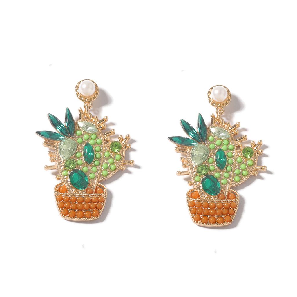 Personality, creative design, cartoon version, cute zircon imitation pearl green cactus earrings, earrings.