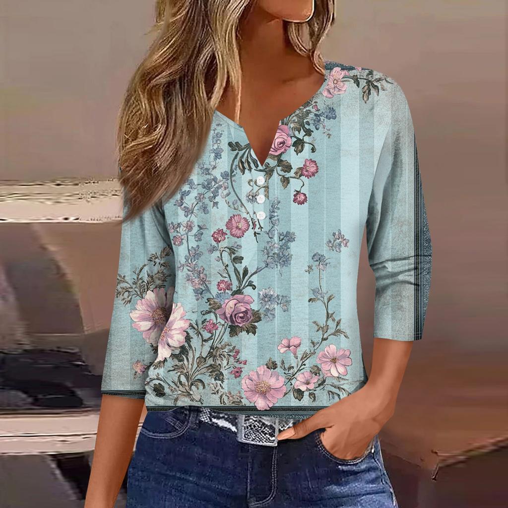Women's Loose Casual Flower Print Seven Quarter Sleeved V-Neck Top Seven Quarter Sleeved V-Neck Top