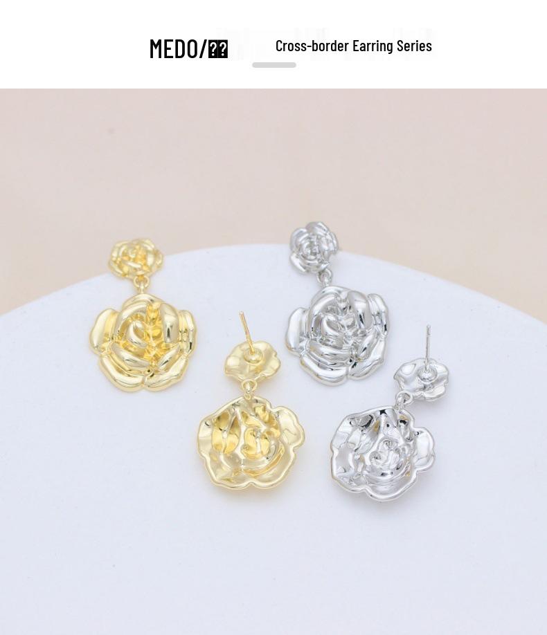 S925 Silver Floral Rose Stud Earrings with Gold Retention for Women