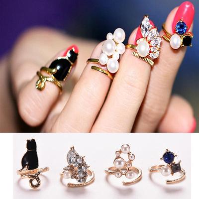 Women  Rings Cat Pearl Zircon Nail Rings Set 4Pcs/Set Chic Knuckle Rings