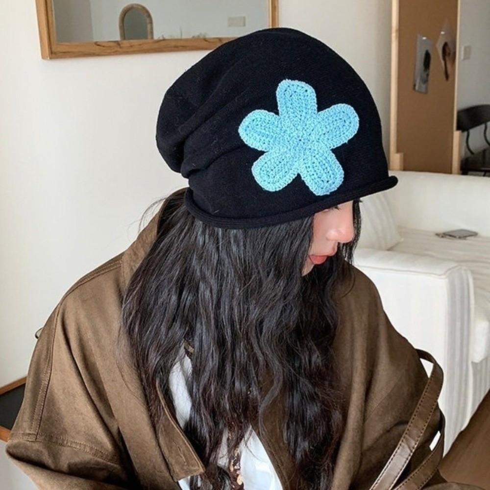 Flower Patch Knitted Hat Korean Style Ear Warmer Fashion Pullover Cap Autumn Winter