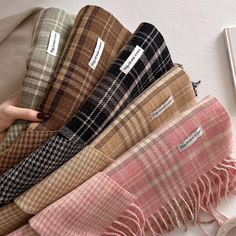 New retro plaid scarf women's autumn and winter medium and long warm scarf fashionable versatile fringed shawl
