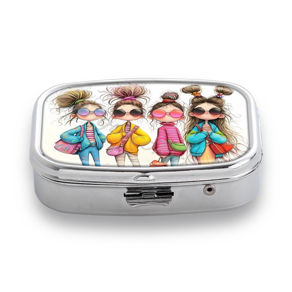 Portapillole Portatile con 2 Scomparti, Mini Custodia Organizer in Metallo per Medicine, Carino Contenitore Stampato per Pillole, Vitamine, Gioielli, Viaggio, Uso Quotidiano