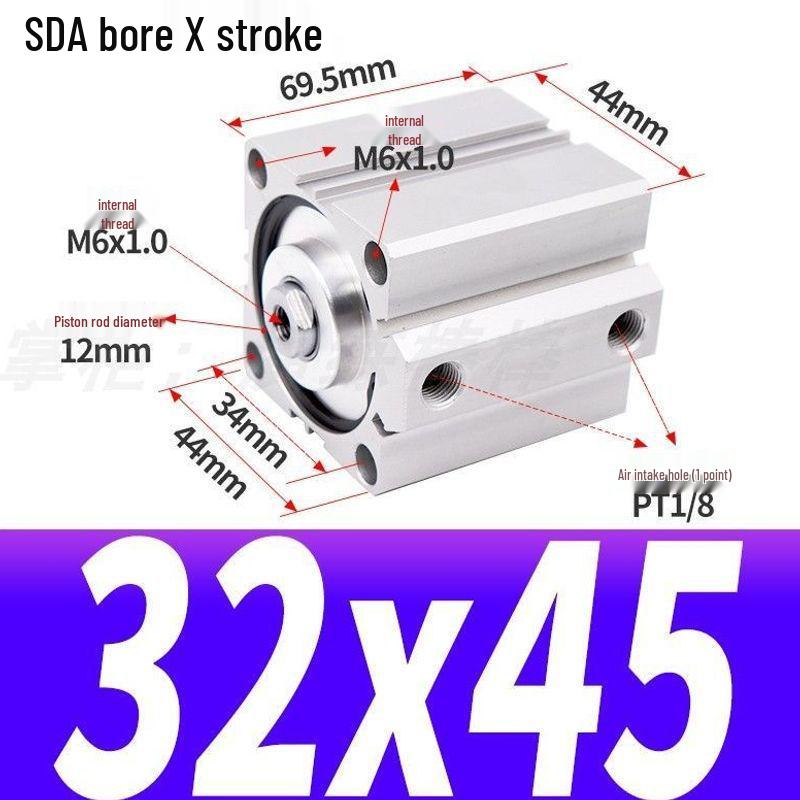 SDA Mini Pneumatic Cylinder, High Thrust, Thin Type, Bore Sizes 20/25/32/40/50
