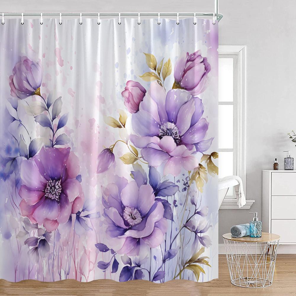 Watercolor Flowers Shower Curtains Colorful Flower Green Plants Botanical Bathroom Decorations Modern Aesthetic Bath Curtains