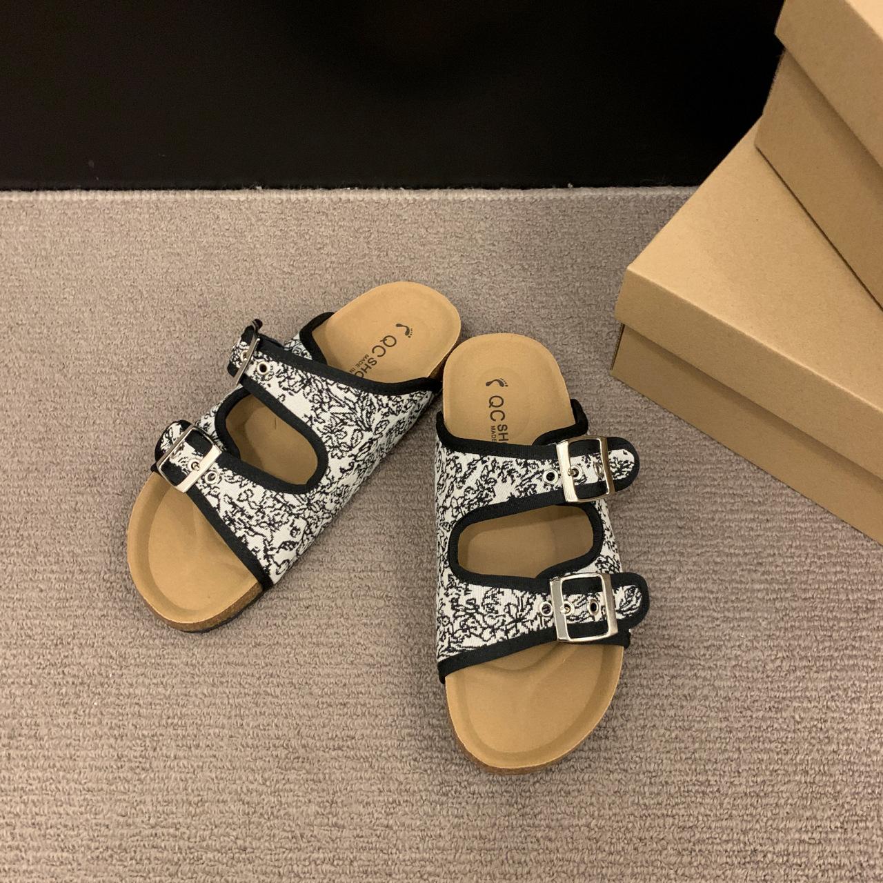 

National style flat-bottomed slippers women s spring casual outer wear Boken beach double buckle lazy one pedal 35 білий