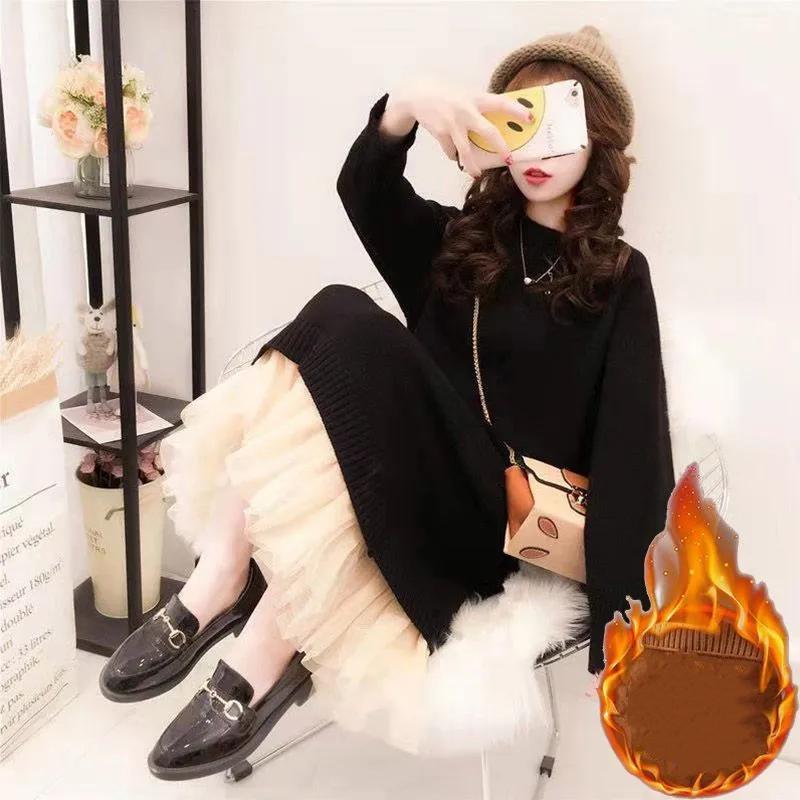 

Женский осенний однотонный свитер средней длины, нежный, свободный, трикотажная базовая рубашка с длинными рукавами и круглым вырезом 2XL