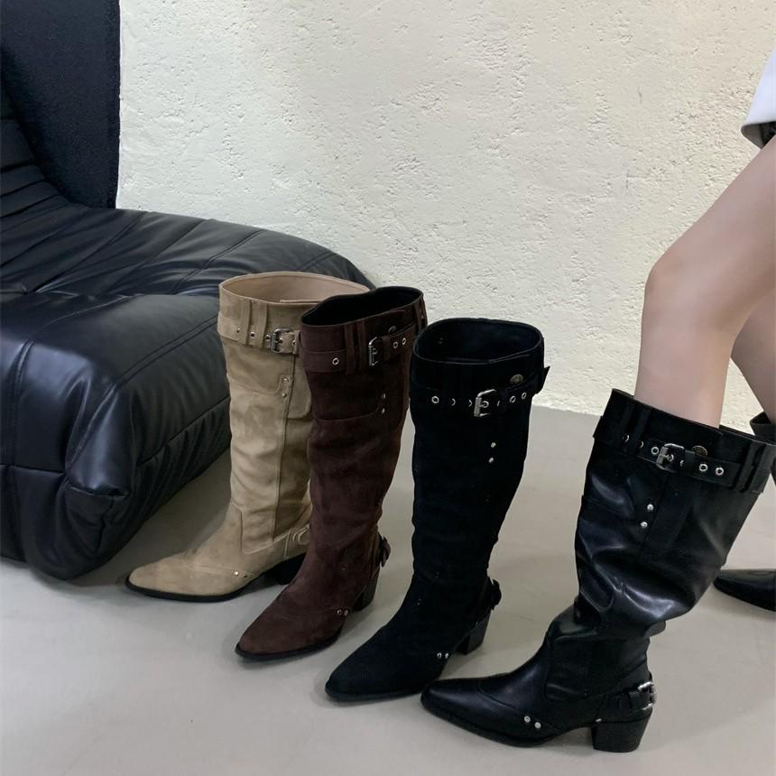 2025 New French Pointed Belt Buckle Wide Tube Thin European and American Style Thick Heel Boots Street Style Wear