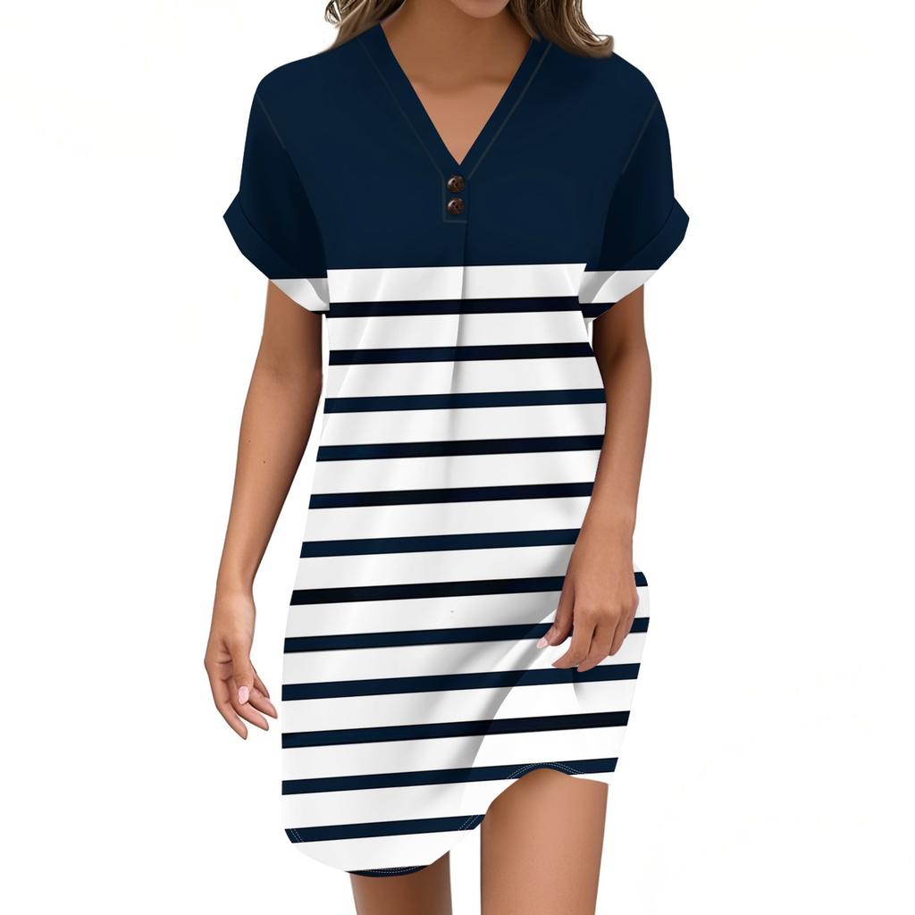 Women's Fashion V-neck Striped, Polka Dot Print Pull-head Casual Button Dress