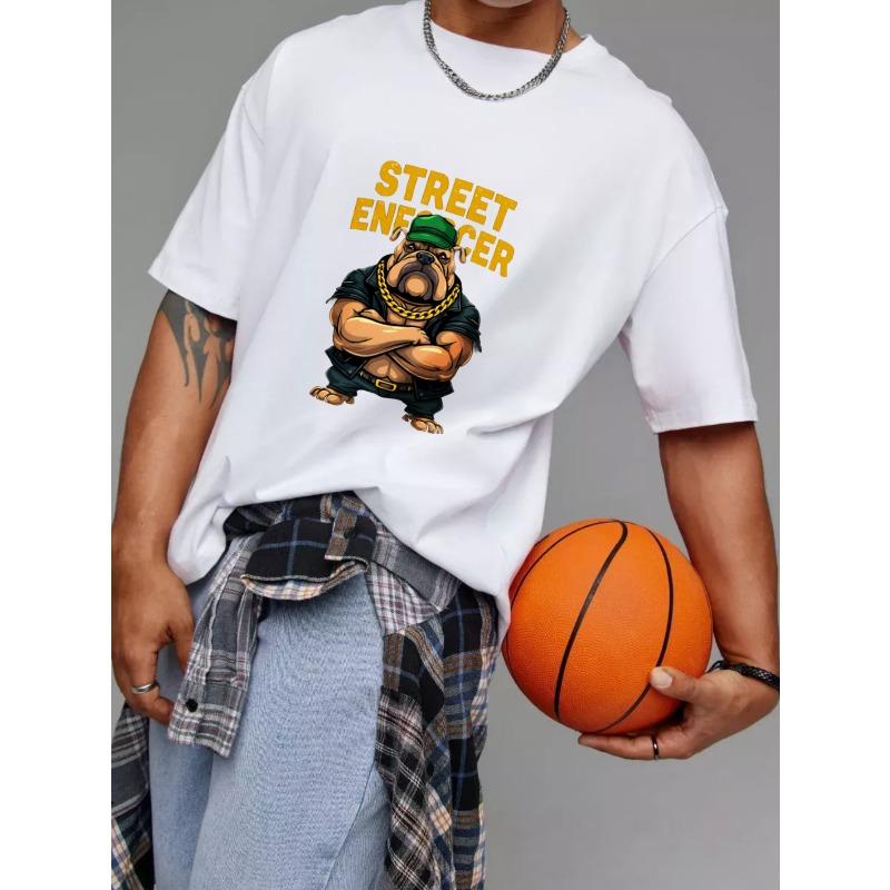 Street Enforcer Bulldog Graphic T Shirt White Cartoon Dog with Green Hat and Gold Chain Streetwear Style Urban Fashion for Casual Wear