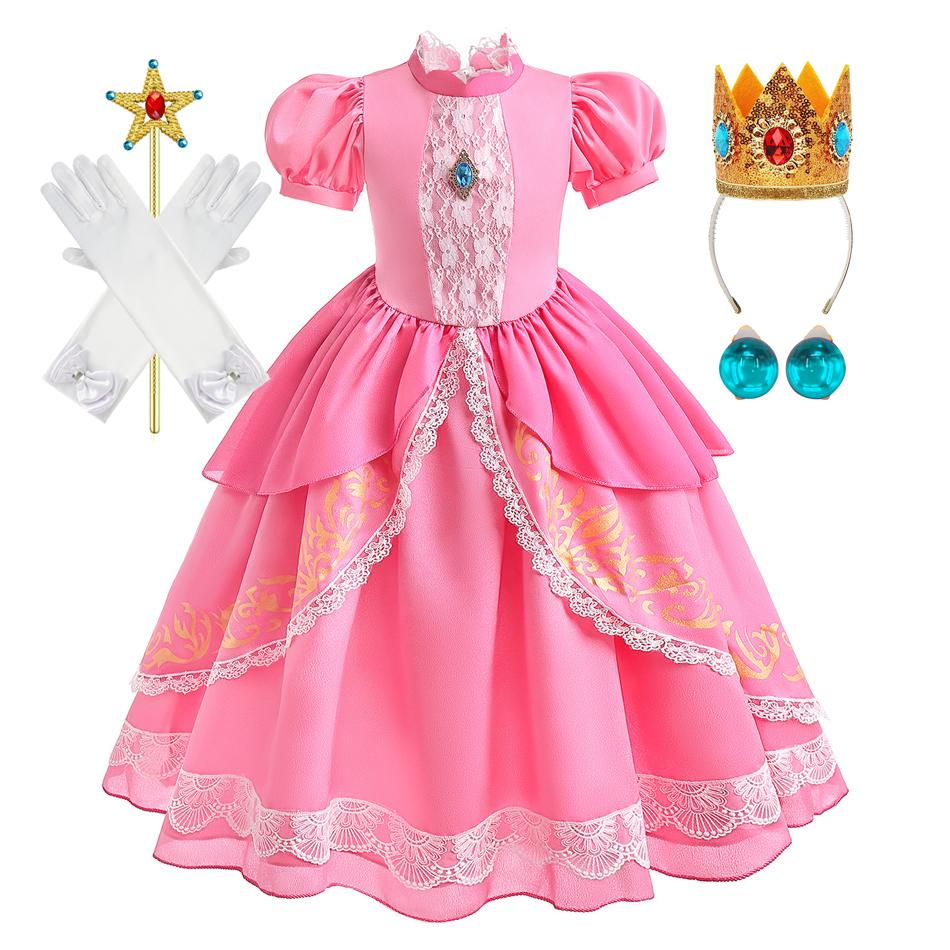 Peach Princess Costume with LED Color Light Toddler Birthday Game Role Play Dress Girl Halloween Festival Gown Pink Lace 2-9 Y C