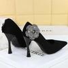 Fashion New High Heels Women Shoes Thin Heel Rhinestone Side Flower Pumps Lady Black Pointed Toe Stiletto Xishi Velvet Sexy Party Shoes
