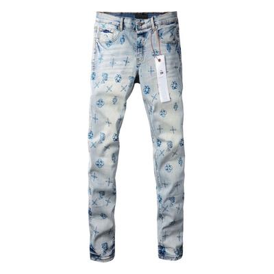 Nieuwe Slim-fit Handgeschilderde Bedrukte Broek Lichtblauw Trendy Heren Jeans Casual Broek