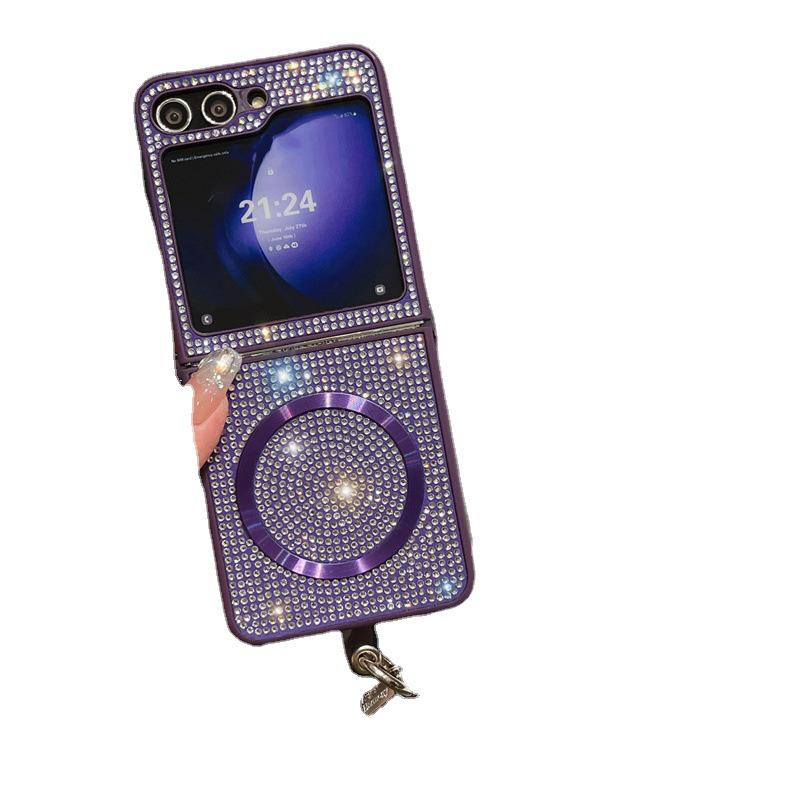 Diamond Magnetic Protective Case with Lanyard for Samsung Z Flip 6/7, Compatible with Wireless Charging