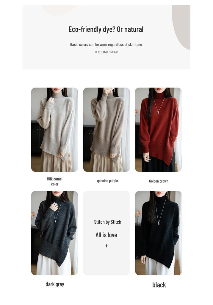 Pure Wool Seven-Stitch Thickened Sweater - Autumn/Winter, Long Sleeve, Half-High Collar with Irregular Slit.