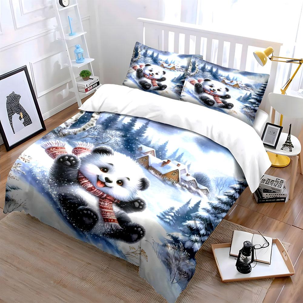 Cartoon-Pandabär Winter-Dekorationsset Weiche, bequeme Bettbezug-Bettwäsche-Set Enthalten 1*Bettbezug & 2*Kissenbezüge, Geschenk