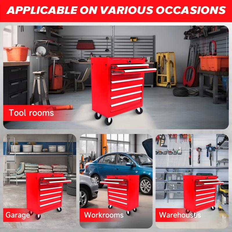 7 drawer mobile metal toolbox with wheel - High safety locking mechanism, high strength cold rolled steel, robust safety tool ca