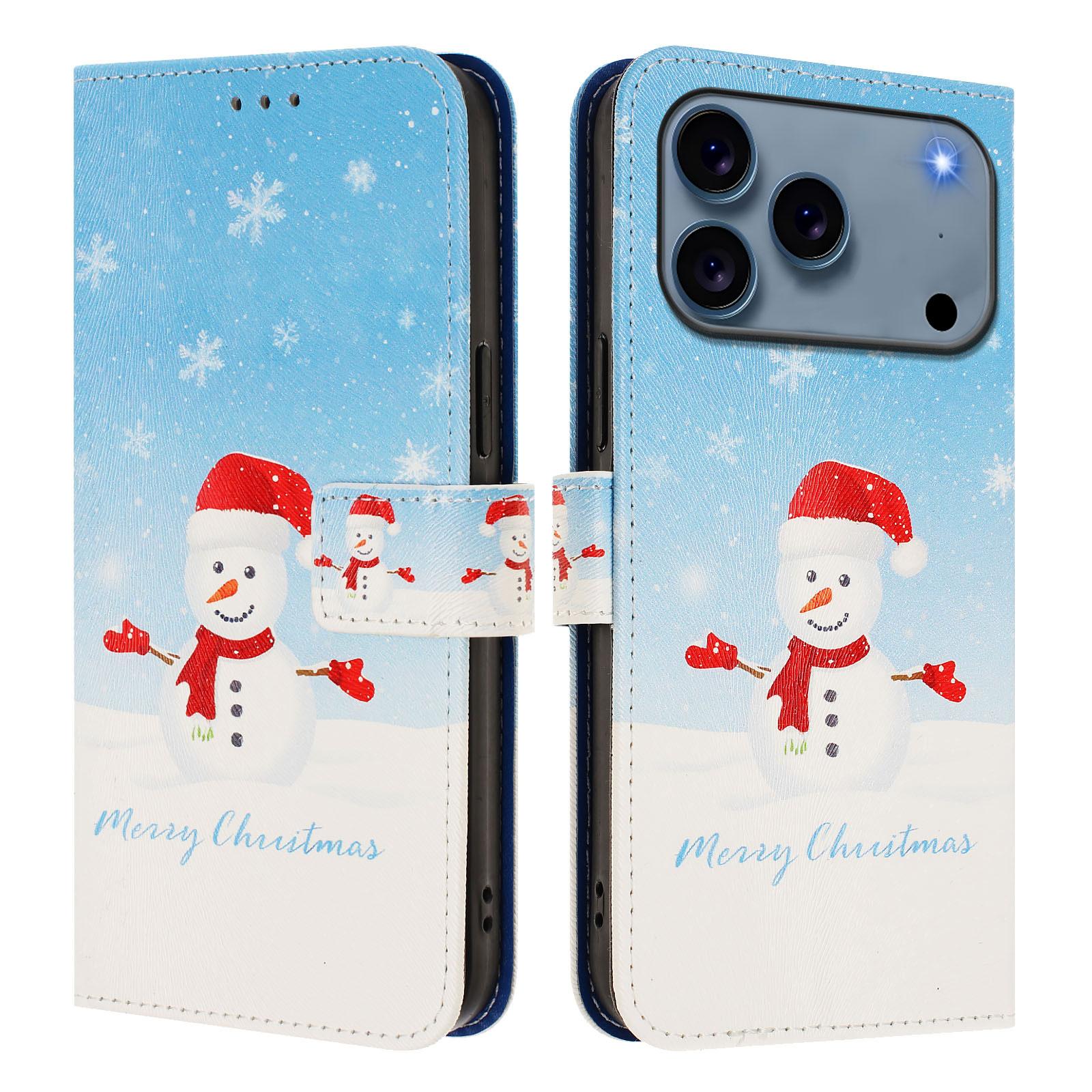 

For iPhone 17 Pro Wallet Case Christmas Pattern Printing Leather Phone Cover with Lanyard Snowflake Snowman