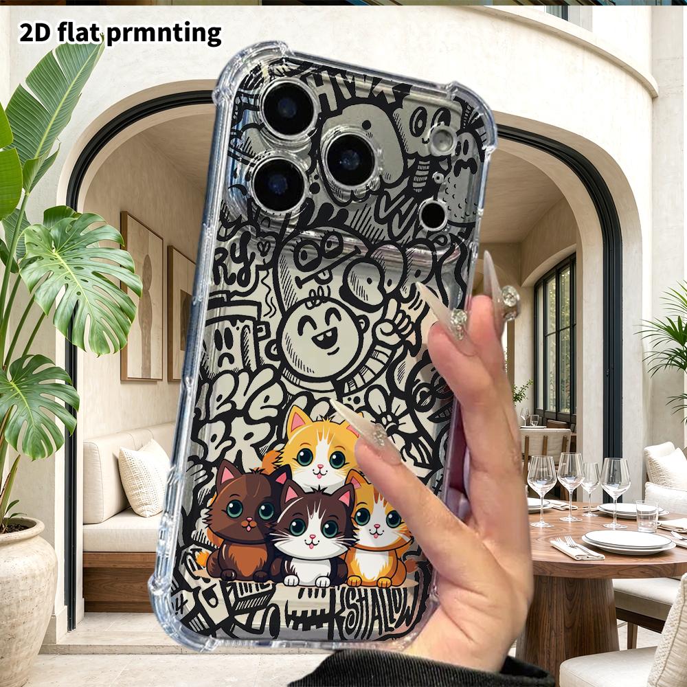 Phone Case: 2D Flat, Fits iPhone 18 17 16 15 14 13 Pro, Transparent Corners Protection, White Cat Group, Christmas and Halloween Gift