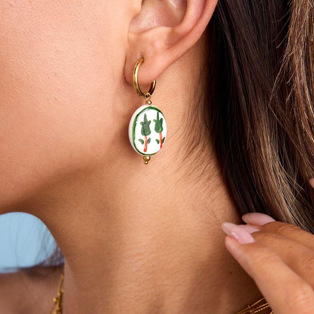 Chinese Style Ceramic Ear Buckle Dripping Oil Gold Hoop Earrings  Girls