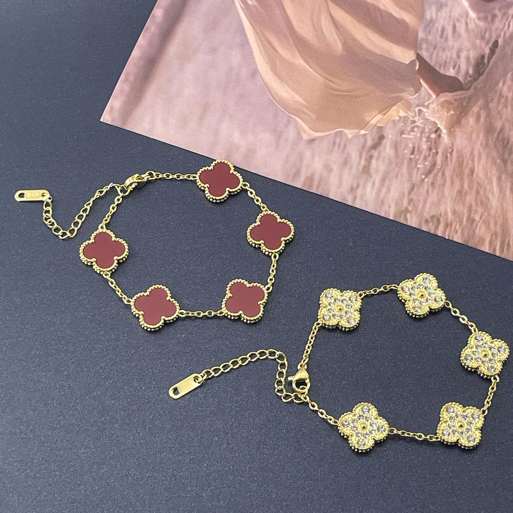 15MM One Side Full of Diamonds and The Other Side Inlaid with Shells Four-leaf Clover Bracelet Vacuum 18K Ladies Bracelet
