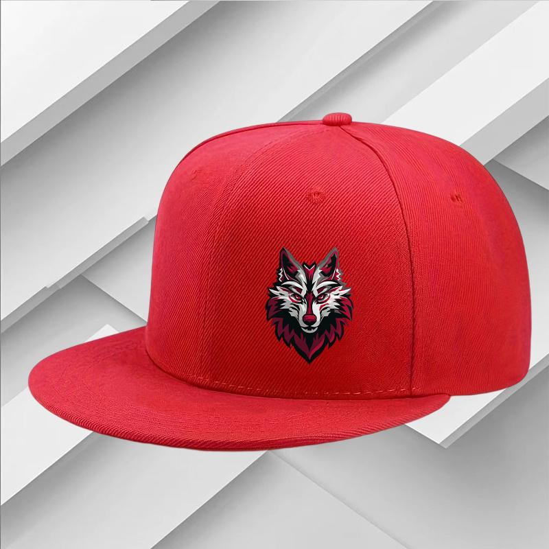 Wolf Head Graphic Flat Brim Cap Polyester Streetwear Style Baseball Hat Unisex Casual Outdoor Accessory