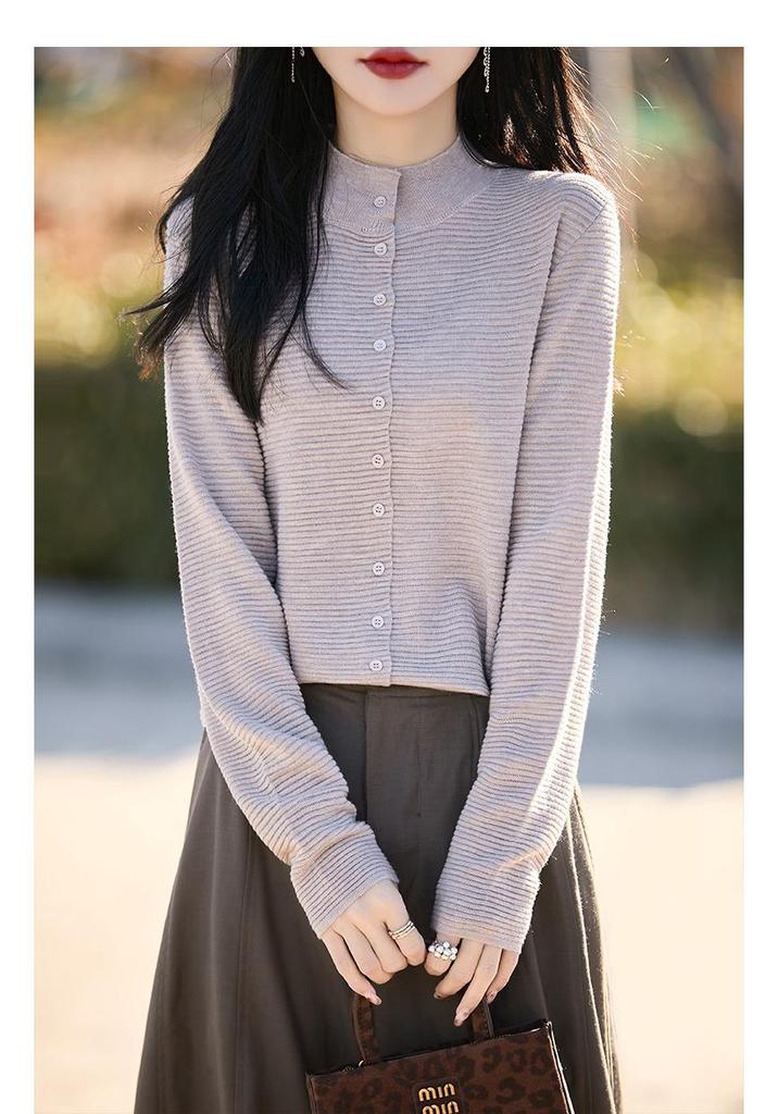 Women's Spring Fine Wool Cardigan - Half-High Collar, Solid Color, Loose, Slimming Sweater Coat