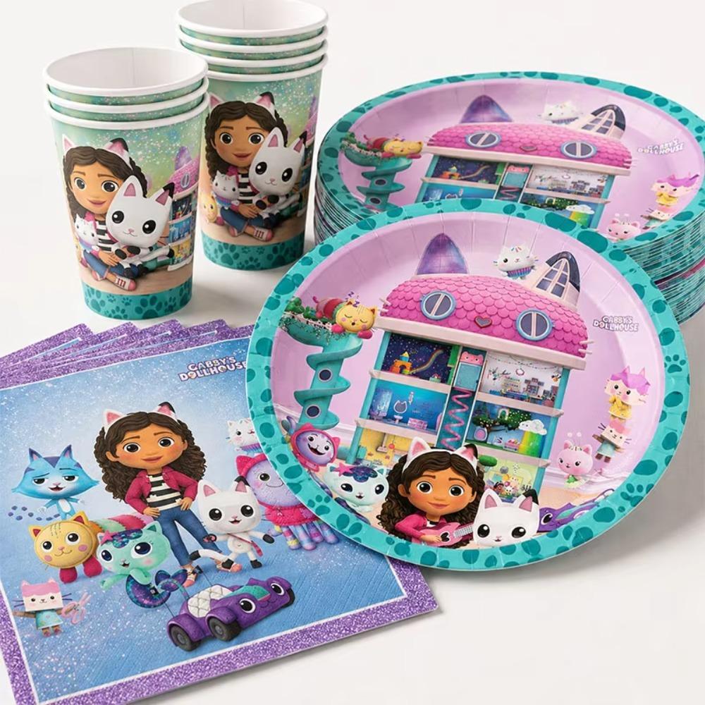 Gabby Birthday Party Plates Cups Napkin Balloons Cat Dollhouse Party Supplies Disposable environmental Tableware Picnic portable