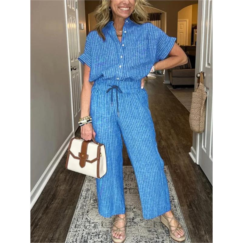 Classic Spring Autumn Striped Printed Short Sleeve Shirt Set Retro Casual Loose Waist Trousers Women's Suit