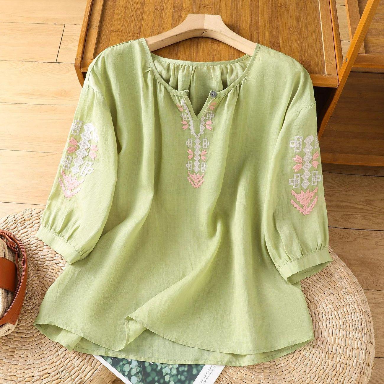 

Women s Ethnic Cotton Linen Embroidered Lantern Sleeve Top 3XL 150-170 зелёный