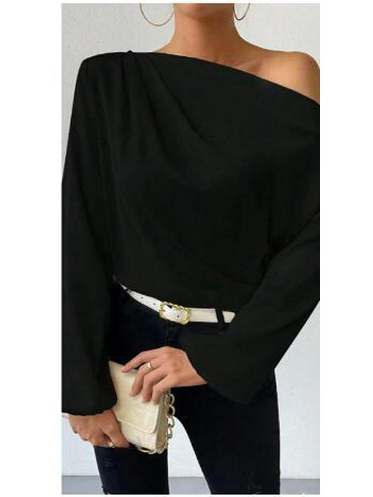Top a maglia da donna in raso asimmetrico a maniche lunghe con design a spalla obliqua