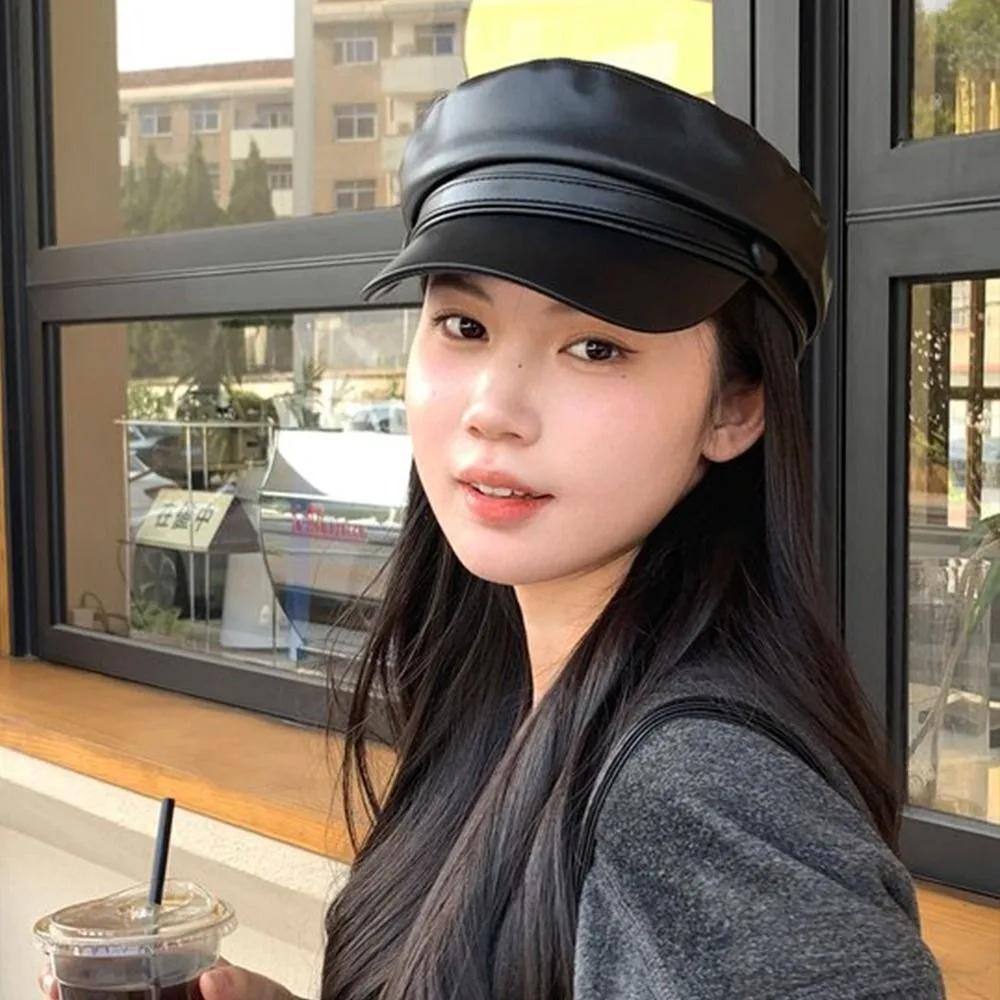 Fashion PU Leather Berets Korean Style Leisure Sun Hats Solid Color Sports Cap Women Men