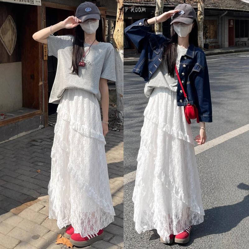 White Irregular Skirt Women's Spring Summer New High Waist a Word Skirt Long Skirt Lace Cake Skirt