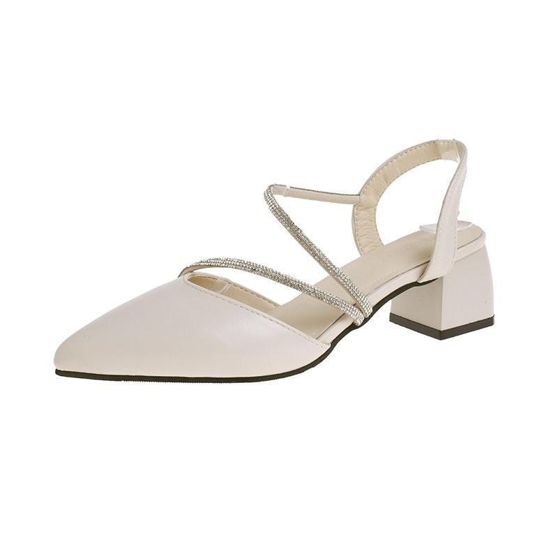 Pointed rhinestone sandals women's summer French thick heel high heels retro single shoes femininity spring