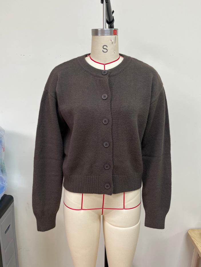 Coffee Brown Women's Long-Sleeved Button-Up Round Neck Cardigan Sweater for Autumn and Winter