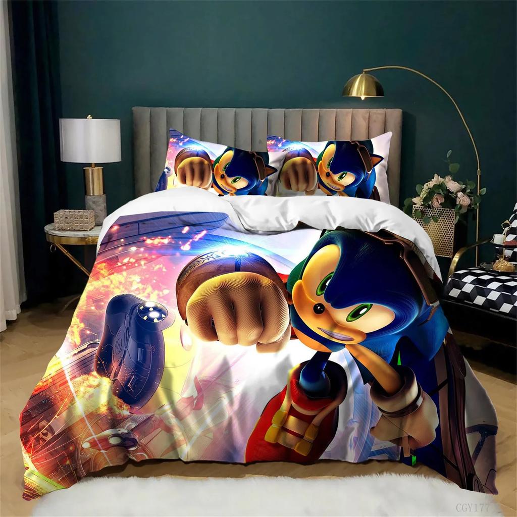 Cartoon Sonic Bedding Set, 3D Soft Duvet Cover Set 2/3pcs, All Season Comfortable Quilt Cover for Kids Boys